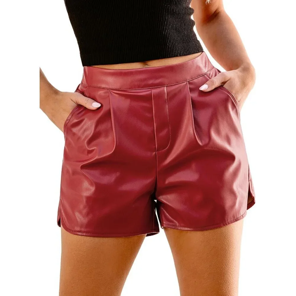 Women's Red High Waisted Pleated Wide Leg Stretchy Pu Faux Leather Shorts